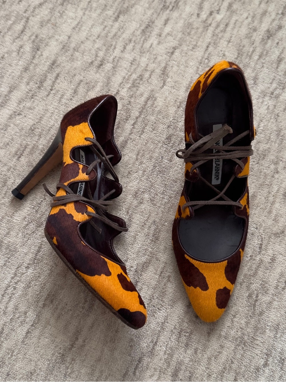 Rare vintage Manolo Blahnik pony hair cow print strappy heels